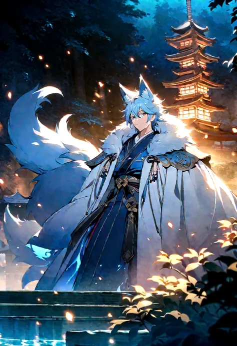 fox Light blue hair 　beast Boys　Indigo fur　fox beast Boys　fox Light blue hair 　beast Boys　Indigo fur　fox beast Boys　Wallpaper 4k,8K,Very detailed,Vibrant colors,water light,Black silhouette of a pagoda,Faint moonlight,Dense forest,Ethereal atmosphere,Dappl...