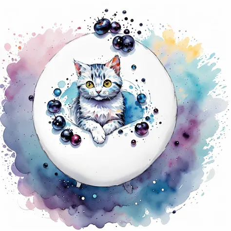 circular design, logo art, (cat design with blueberry),(on the table), fantasy, colorful, vintage,  charming: white background, ...