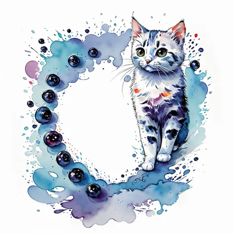 circular design, logo art, (cat design with blueberry),(on the table), fantasy, colorful, vintage,  charming: white background, lowbrow art, digital illustration, radiant; gouache, 16k, minimalistic, doodle, CGSociety, solarpunk, crispy quality, sharp, bri...