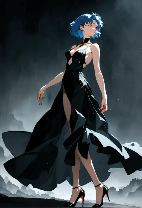 Neon Genesis Evangelion, short blue hair, woman in black dress, stiletto heels and earrings 