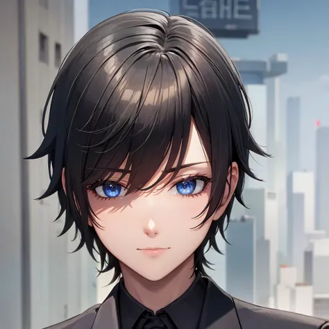 1boy, short black hair, blue eyes, wearing all black suits, on top of a building, high res, ultrasharp, 8k, masterpiece, looking at viewer from behind