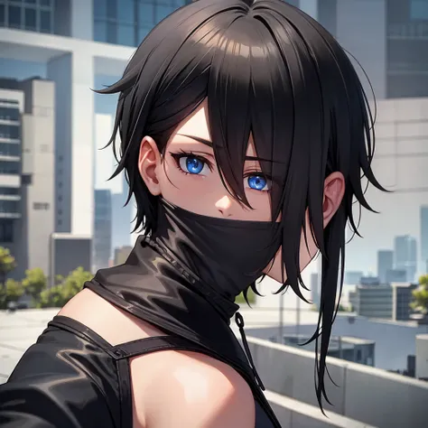 1boy, short black hair, blue eyes, wearing all black suits, on top of a building, high res, ultrasharp, 8k, masterpiece, looking at viewer from behind