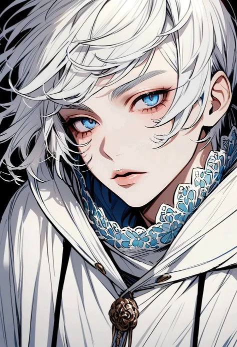 handsome boy, thin lips, white hair, blue eyes, wearing a white hoodie