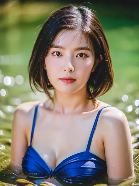 close up portrait of a cute woman (gldot) bathing in a river, wave bob hair, use bikini, reeds, (backlighting), realistic, masterpiece, highest quality, lens flare, shade, bloom, [[chromatic aberration]]