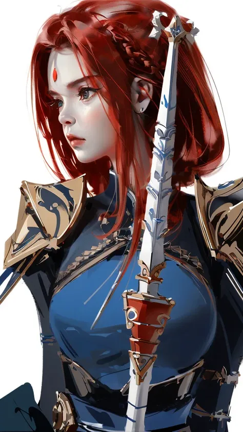 by Wlop, (Masterpiece), (Highest quality:1.3), (Highest Detailed:1.4), A red-haired woman in a forest scene, wearing leather armor and a blue skirt, draws back a bow and arrow, aiming at an off-screen target. She has a determined expression on her face, an...