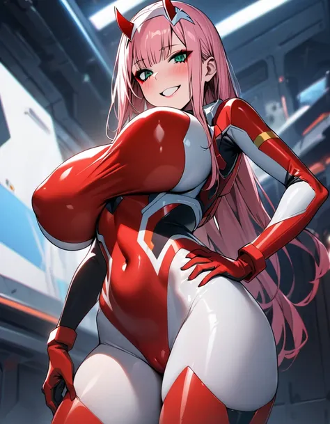 very detailed background, masterpiece, best quality, 1girl, solo, ((masterpiece, best quality)),best aesthetic, zero two (darling in the franxx), darling in the franxx, bangs, biting, blush, covered navel, eyeshadow, green eyes, hair behind head, hand on h...