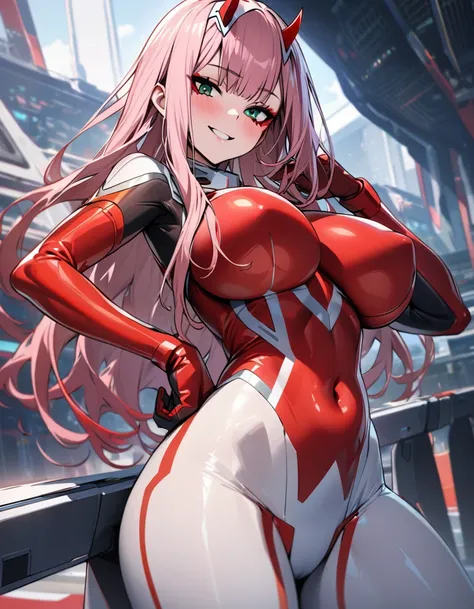 very detailed background, masterpiece, best quality, 1girl, solo, ((masterpiece, best quality)),best aesthetic, zero two (darling in the franxx), darling in the franxx, bangs, biting, blush, covered navel, eyeshadow, green eyes, hair behind head, hand on h...