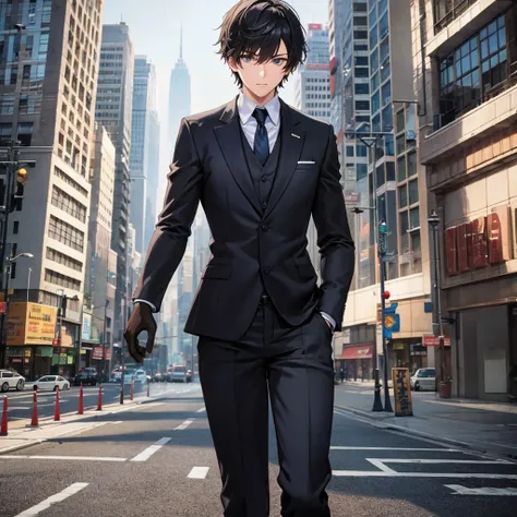 1boy, short black hair, blue eyes, wearing all black suits, on top of a building, high res, ultrasharp, 8k, masterpiece, looking at viewer from behind