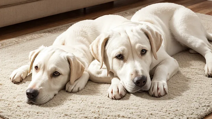 A white Labrador is lying on a white rug