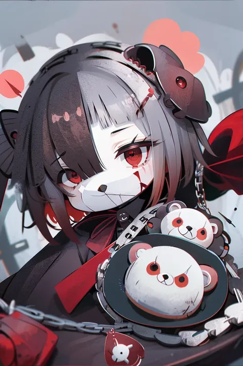 teddy bear、teddy bear、cadaver、Covered in blood、Blood splatter、Dark shades、Red tint、grim Reaper、In a completely different expression