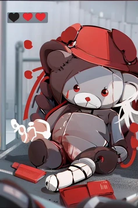 teddy bear、teddy bear、cadaver、Covered in blood、Blood splatter、Dark shades、Red tint、grim Reaper、In a completely different expression