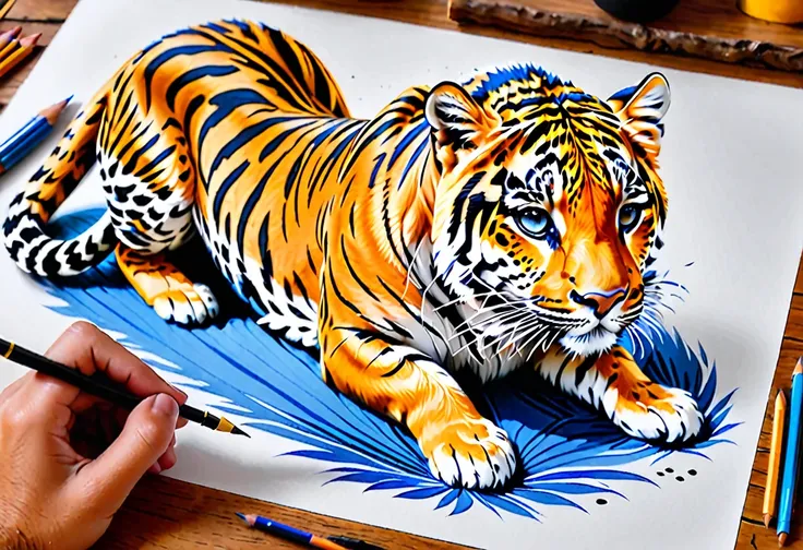 Sur une feuille de papier posé sur une table, Dessiner une figurine 4D de style encre uhd époustouflante et à couper le souffle d’Un maginifique guépard majestueux, regard intense, décors de savane, effet holographique qui semble sortir de la feuille de de...