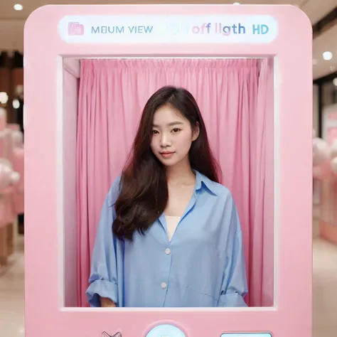 Asian woman, 27 years old, wearing a long, modest blue dress is standing at a pink photo booth, above it is written soft cloth, in a mall, medium view Ultra HD --v 6.0, high brightness, soft bright lighting, daylight lighting