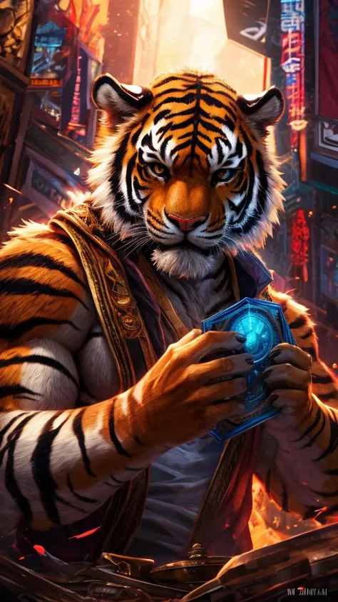 realistic detailed tiger holding a cd carefully observing,1tiger,detailed facial features,detailed eyes,detailed fur,ultra-detailed,8k,highres,masterpiece,vibrant colors,dramatic lighting,cinematic,digital art,anime style,dynamic pose