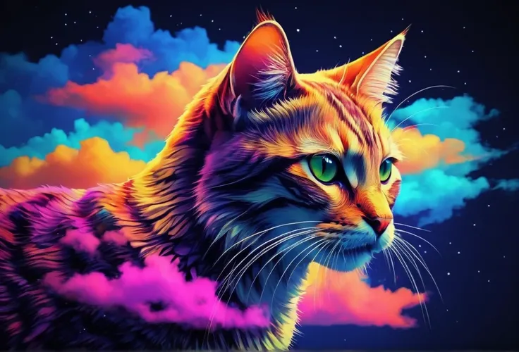 (Ascii art:1.65) of a cat intricately designed with binary numbers 0 and 1, forming a realistic and three-dimensional appearance. The cat, in vibrant colors, behind a trail of pixelated clouds.