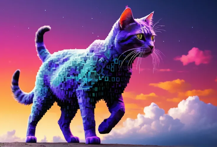 (Ascii art:1.65) of a cat intricately designed with binary numbers 0 and 1, forming a realistic and three-dimensional appearance. The cat, in vibrant colors, behind a trail of pixelated clouds.