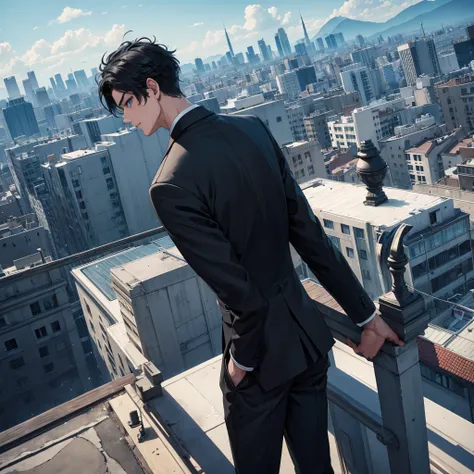 1boy, short black hair, blue eyes, wearing all black suits, on top of a building, high res, ultrasharp, 8k, masterpiece, looking at viewer from behind