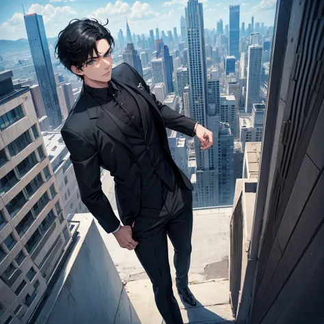 1boy, short black hair, blue eyes, wearing all black suits, on top of a building, high res, ultrasharp, 8k, masterpiece, looking at viewer from behind