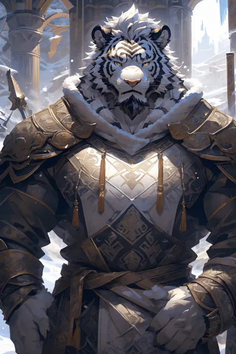 (White skintiger),(黑白阴阳Military commander战袍),(Holding a long sword),(Awesome posture:1.3),Standing quietly in,(The background is a city covered with ice and snow:1.5),(Abdominal muscles),Heroic飒爽,完美的masterpiece,Various facial details,Close-up view,specific...