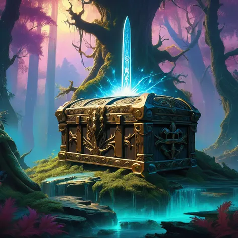 Create an image of a mystical treasure chest hidden deep in an enchanted forest, rendered in the style of Frank Frazetta. On top of the chest, place a majestic fantasy sword with an ornate hilt and glowing runes along the blade. Surround the chest and swor...