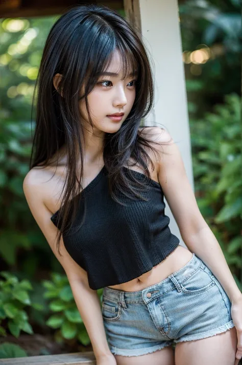 1girl, solo, (22 years old), japanese idol, black hair, closed mouth, (smiling:0.9), (medium breasts:0.95), small hips, slender, (cowboy shot:1.2), (gravure pose:1.2), (short pants), (from below:1.3), (from front), panty focus, looking away,
(8k:1.27), bes...