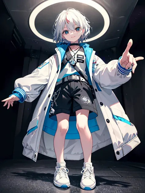 ,(Masterpiece, Best quality:1.1),solo, Aladdin_maggie, Evil smile,White jacket, Casual style,Open jacket, belt, Cowboy shot、solo、Fluttering hair、White color hair、a small face、hason、Bright smile、(parka、Finger gloves、White sneakers)、(Fine fingers、human hand)...