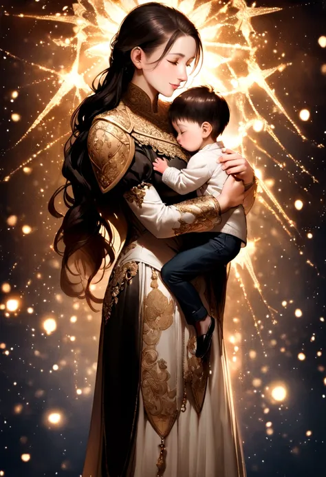 A strong slender sexy knight on light armour and magic particles around her holding her 5 years old son and cuddling her son very cutely nose to nose full body photo