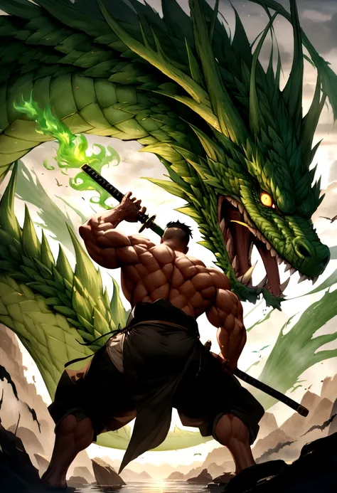 very muscular man cuts a green fire dragon in two with a Japanese katana