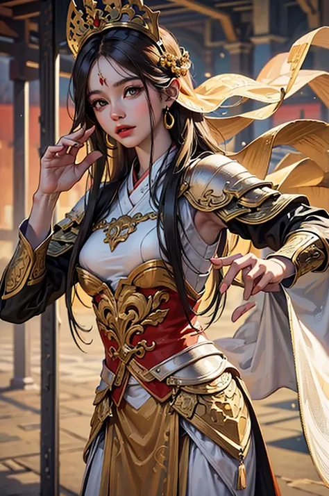 (masterpiece:1.2, best quality), (very detailed face, Real picture, realistic skin, realistic body, intricate details), alone, 1milf, Hanfu, Chinese armor,full body