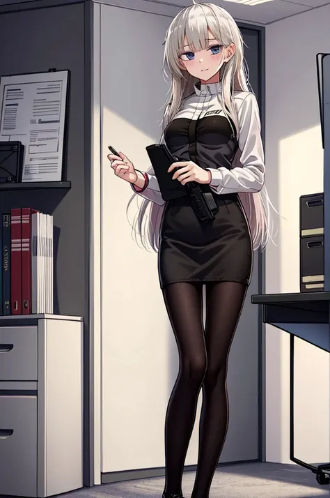 Masterpiece, 1girl, solo, ak-74m, standing, indoor, white shirt, indoor, miniskirt, pencil skirt, inside office 