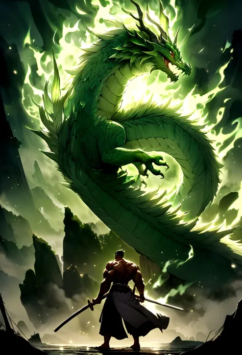 very muscular man cuts a green and blue fire dragon in two with a Japanese katana