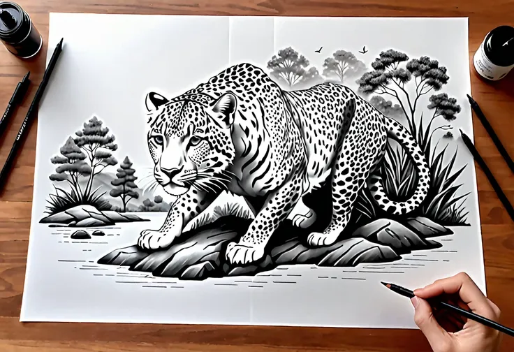 sur une feuille de papier posé sur une table,  format paysage, dessiner une figurine 4d de style encre uhd époustouflante et à c...