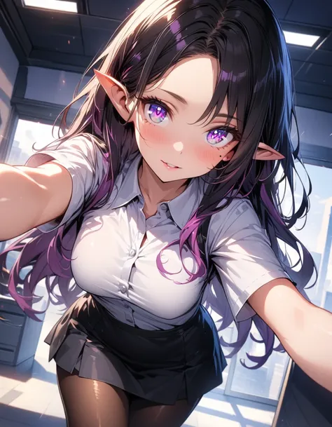 ((highest quality, best quality, masterpiece, ultra high definition, high dynamic range, ultra high resolution)), ((ultra-detailed illustrations:1.2)), 1 girl, solo, anime style, dynamic lighting, dynamic angle, looking at viewer, indoor, office, (beautifu...