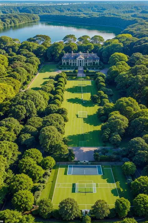 A stunning aerial view of a colossal mansion, spanning 334,122 acres, surrounded by lush greenery and a pristine lake. The expansive garden showcases a variety of exotic plants and flowers, creating a vibrant and colorful landscape. The mansion features 12...