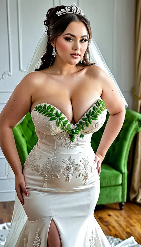 Erotic plump girl with huge breasts, deep neckline, green nipples,look wants sex, Slim waist, wide hips, posing in sexy wedding outfit