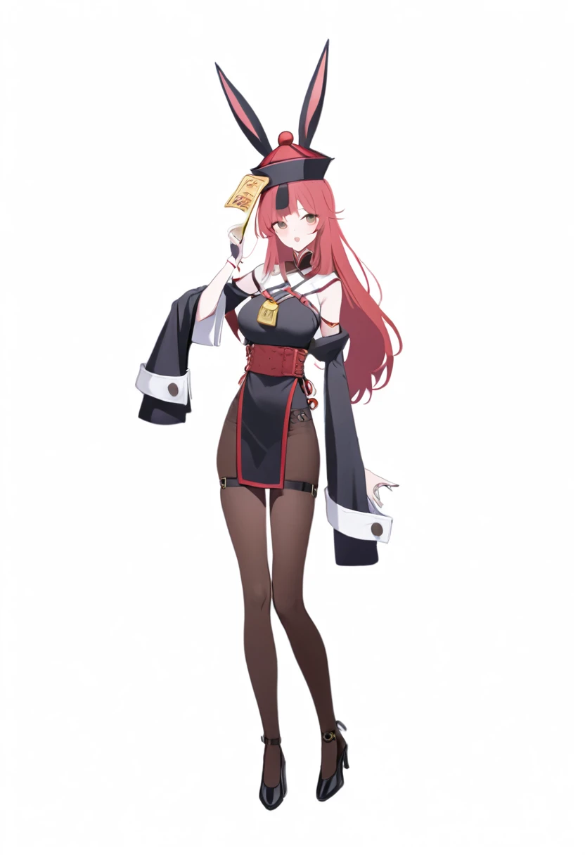 red long hair, bunny girl, Brown stockings, Jiangshi hat with yellow amulet, rabbit ears, wide sleeves, red waist strap, fashion harness,