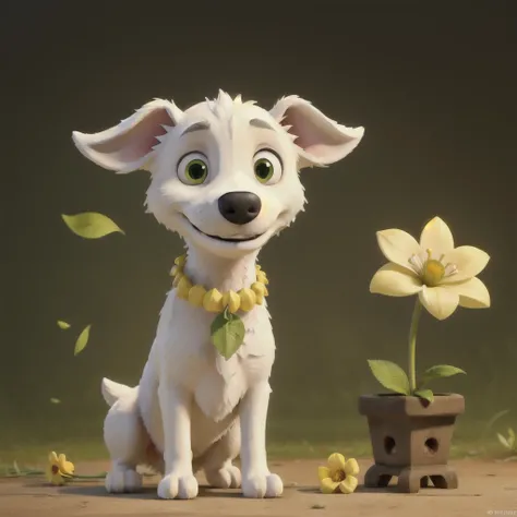 Realistic art of a skinny white dog with slightly closed eyes smiling with a little yellow flower with a single green leaf in its mouth,sitting down.white background with face close