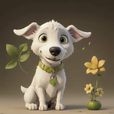 Realistic art of a skinny white dog with slightly closed eyes smiling with a little yellow flower with a single green leaf in its mouth,sitting down.white background with face close