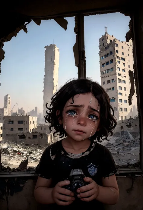 A wounded hides in a room crumbling walls,sadly, in pain, there is steel tank with israel logo, (eyes shedding tears, The face is focused on the camera), (eyes shedding tears, The face is focused on the camera), A sense of disorder, a arab , Curly hair, Du...