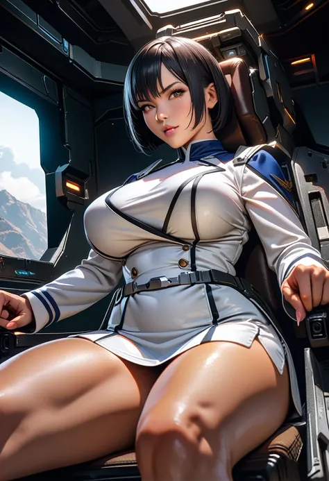 mature female,perfect hands, perfect finger,perfect anatomy, masterpiece, best quality,realistic, hyperrealistic, 16k hdr,  pbNaomi, tan,blue and white uniform, long sleeves, white ultra miniskirt, large breasts, black thighhighs,(dark blue hair, bobcut)  ...