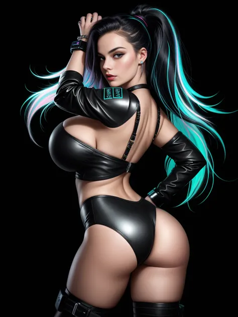 there is Margot Robbie, black neon streaked hair, hair in pony tail, 3 d neon art of a womans body, neon-noir background, cyberpunk femme fatale, seductive cyberpunk dark fantasy, cyberpunk strip clubs, cyberpunk 20 y. o model girl, oppai cyberpunk, banner...