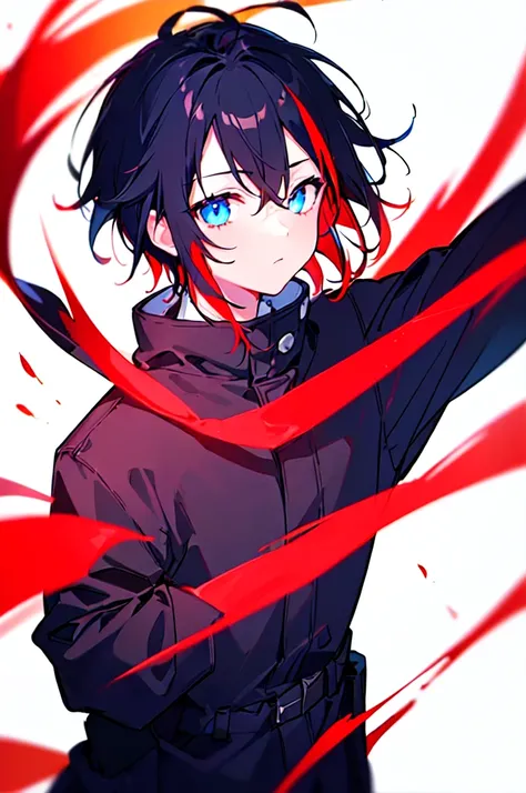 [(WHITE BACKGROUND:1.5),::5], ((((masterpiece)))), high quality, ultra very high resolution, full color, (((solo))), ((little boy)), black hair, ((red streaked hair)), blue eyes, anime, ((upper body)), neon light, black parka, (flame effect:1.2)