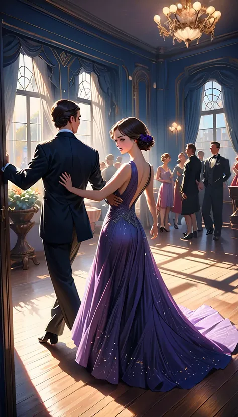 (best quality,8k,masterpiece:1.2),ultra-detailed,(realistic,photorealistic,photo-realistic:1.37),digital art, concept art, cinematic lighting, a man and woman dancing tango, art deco ballroom, 1920s, Outside the window is a balcony. a narrow French window ...