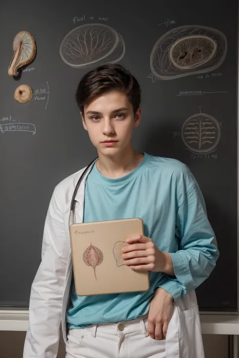 A young male twink, cute, beautiful, feminine, with a beautiful face with makeup, black hair, and his eyes have dark circles under them. He is wearing a long-sleeved aquamarine shirt and white jeans. He is in medical school, studying on a blackboard with b...