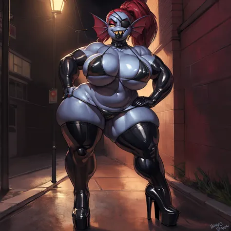 solo, 1girl, undyne, blue skin, female, milf, older, (huge breasts:1.1), wide hips, (big bottom lip:1.3), (black lip gloss:1.3), black leather collar, blue eyeshadow, thick, stocky, (black latex bikini top:1.6), (black latex miniskirt:1.4), (nipple outline...