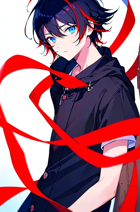 [(WHITE BACKGROUND:1.5),::5], ((((masterpiece)))), high quality, ultra very high resolution, full color, (((solo))), ((little boy)), black hair, ((red streaked hair)), blue eyes, anime, ((upper body)), neon light, black parka, (flame effect:1.2)