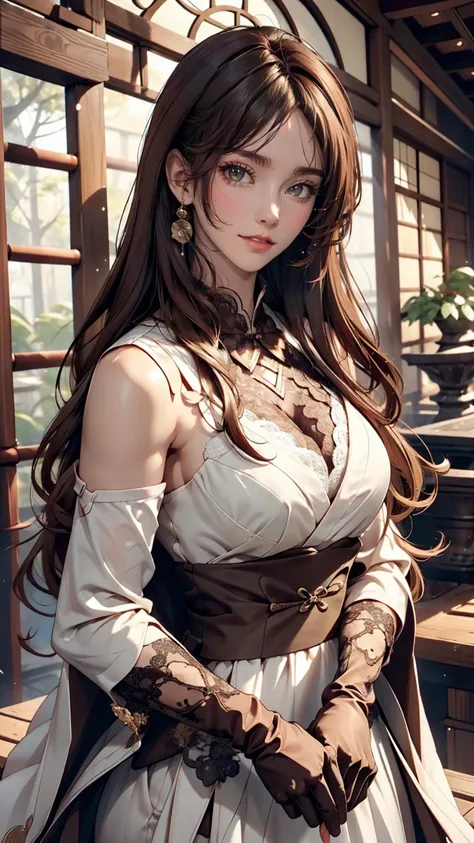 Japanese women、Brown Hair、Semi-long hair、Inner Color((colored inner hair))、Sexy proportions、Slender and tall、Wear a high-necked dress decorated with lace、No sleeve、Wear long gloves that reach down to your upper arms、