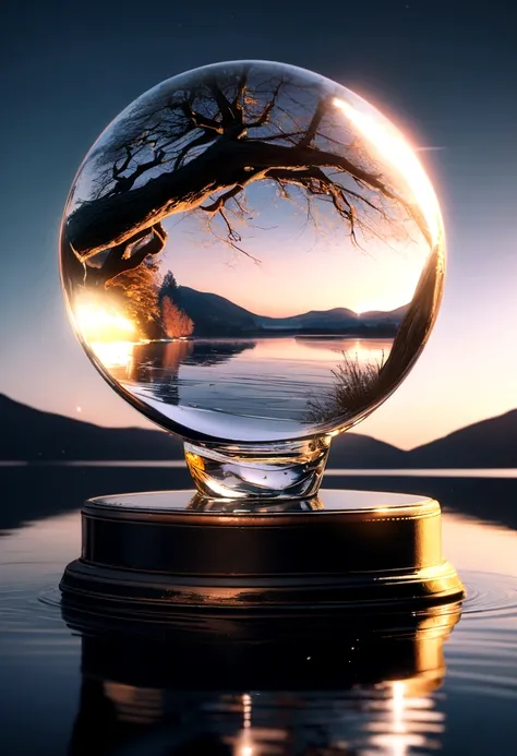 (A glass sphere depicting a soft winter sky over a frozen lake:1.2), (Silk glass sphere 1.1), Landscape Photography, Unsplash, Extremely detailed, High detail, Analog Film, Analog Lighting, nature光, 4k photos, 8K Photo, ハイパーrealism, Impressionism, Romantic...