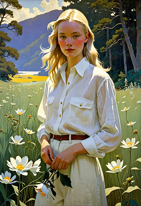 Setting: 
Subject: young blonde woman wearing only white linen oversized mens buttondown shirt, holding white flover
Artists: Mann, Gammell, Kley, Goldin, Gerome, Quentin Blake, Damien Hirst, Anne Bachelier, Gibson, Rockwell, Seagrave, Alberto Vargas, N.C....