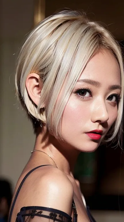 Beautiful Japanese Women、1 person,Very cute and slim、Excellent style 、((8K images、super high quality))、Very delicate face, Skin and Hair、Red lipstick、straggling hair,(((((Very Short Hair、blonde))))),Very cute Japanese cut face、Eyes and nose are clearly vis...